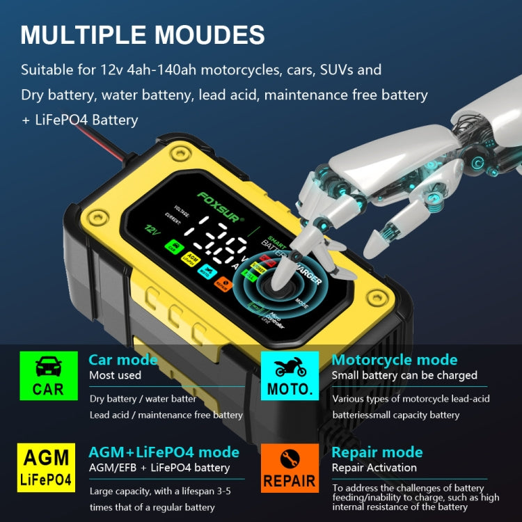 FOXSUR 7A 12V Car / Motorcycle Smart Battery Charger, Plug Type:US Plug(Yellow) - free shipping - PMC TechLife - Order now!
