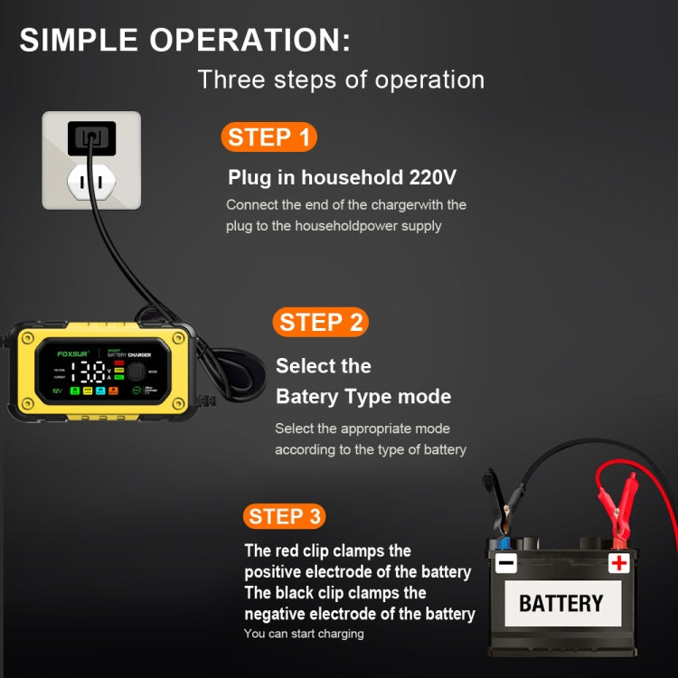 FOXSUR 7A 12V Car / Motorcycle Smart Battery Charger, Plug Type:US Plug(Yellow) - free shipping - PMC TechLife - Order now!