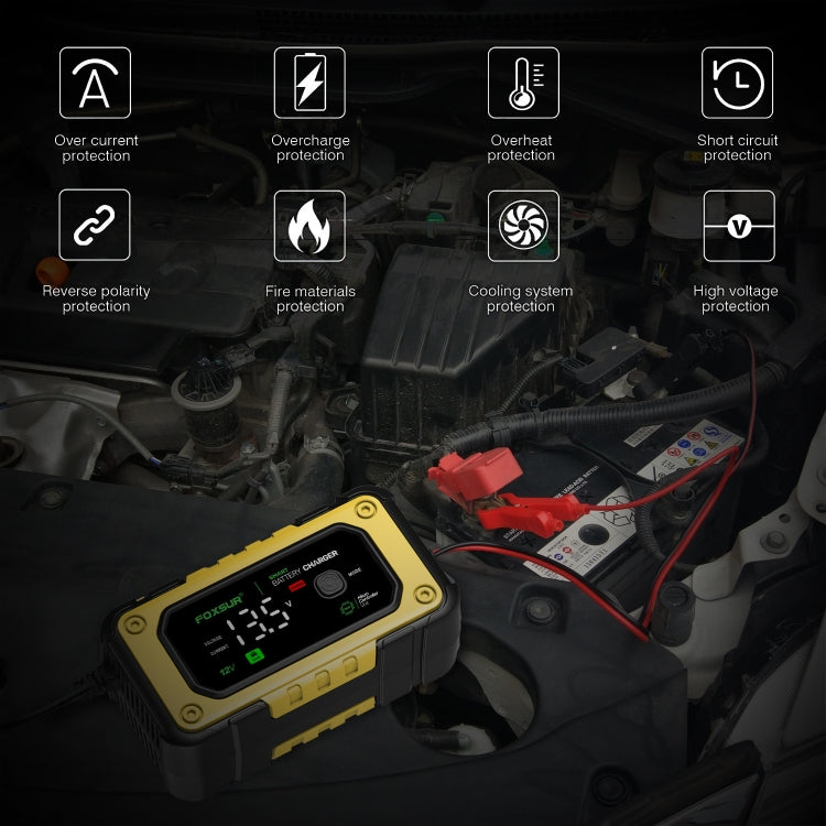 FOXSUR 7A 12V Car / Motorcycle Smart Battery Charger, Plug Type:UK Plug(Yellow) - Battery Charger by FOXSUR | Online Shopping South Africa | PMC TechLife | Buy Now Pay Later Mobicred