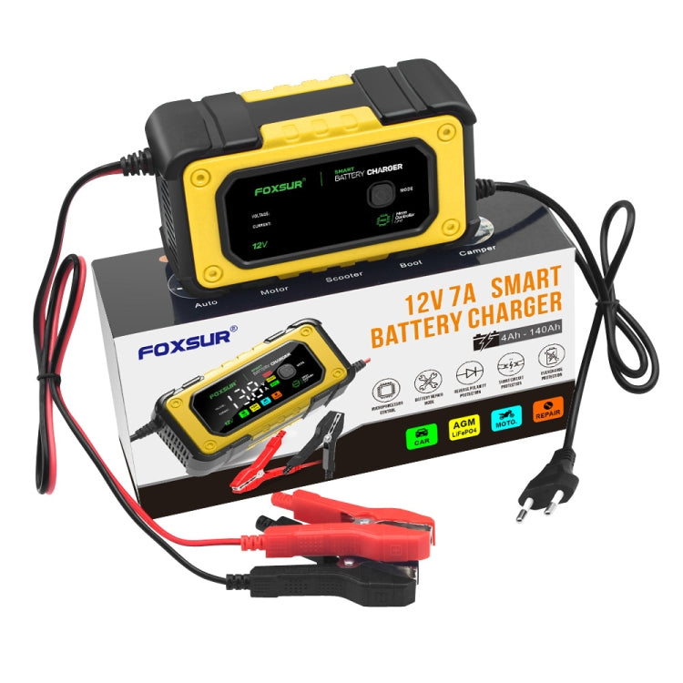 FOXSUR 7A 12V Car / Motorcycle Smart Battery Charger, Plug Type:UK Plug(Yellow) - Battery Charger by FOXSUR | Online Shopping South Africa | PMC TechLife | Buy Now Pay Later Mobicred