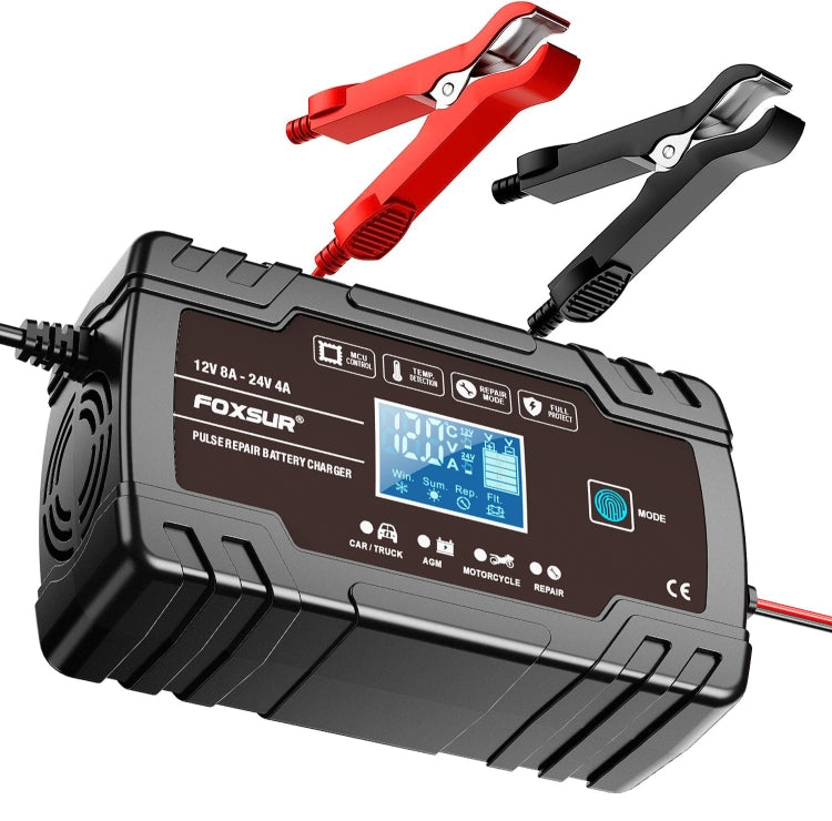 FOXSUR 8A 12V 24V Car / Motorcycle Smart Battery Charger, Plug Type:EU Plug(Black) - Battery Charger by FOXSUR | Online Shopping South Africa | PMC TechLife | Buy Now Pay Later Mobicred