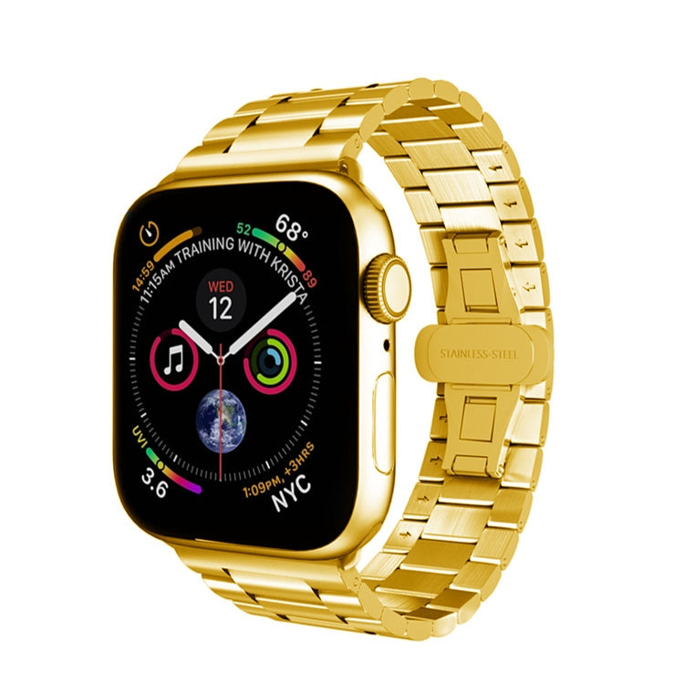For Apple Watch Series 3 38mm Three-bead Butterfly Buckle Metal Watch Band(Gold) - Watch Bands by PMC TechLife | Online Shopping South Africa | PMC TechLife