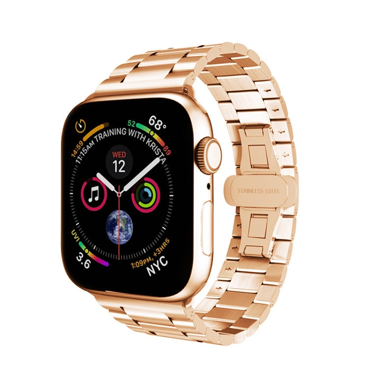 For Apple Watch Series 3 38mm Three-bead Butterfly Buckle Metal Watch Band(Rose Gold) - Watch Bands by PMC TechLife | Online Shopping South Africa | PMC TechLife