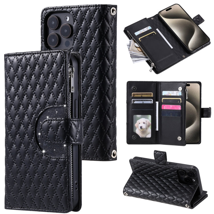 For iPhone 16 Pro Glitter Lattice Zipper Wallet Leather Phone Case(Black) - iPhone 16 Pro Cases by PMC TechLife | Online Shopping South Africa | PMC TechLife | Buy Now Pay Later Mobicred