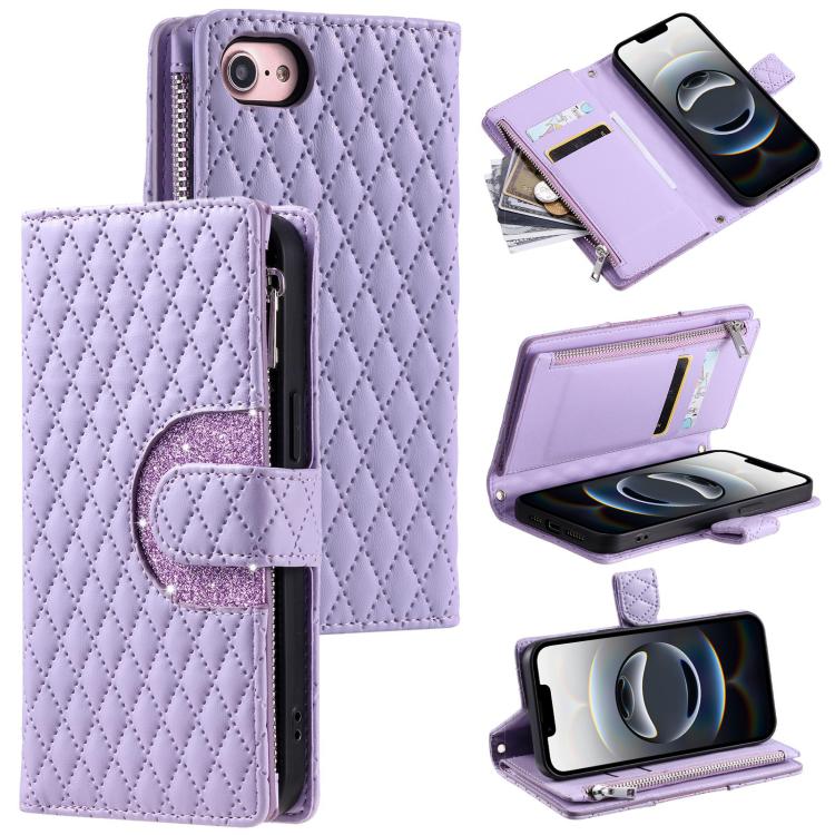 For iPhone 16e Glitter Lattice Zipper Wallet Leather Phone Case(Purple) - iPhone 16e Cases by PMC TechLife | Online Shopping South Africa | PMC TechLife | Buy Now Pay Later Mobicred