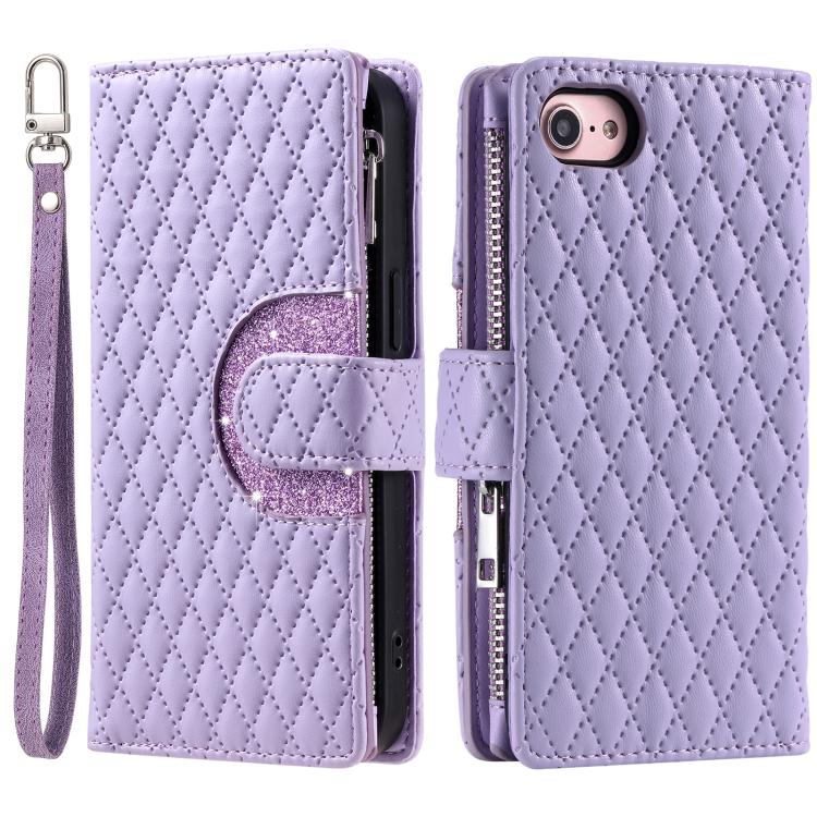 For iPhone 16e Glitter Lattice Zipper Wallet Leather Phone Case(Purple) - iPhone 16e Cases by PMC TechLife | Online Shopping South Africa | PMC TechLife | Buy Now Pay Later Mobicred