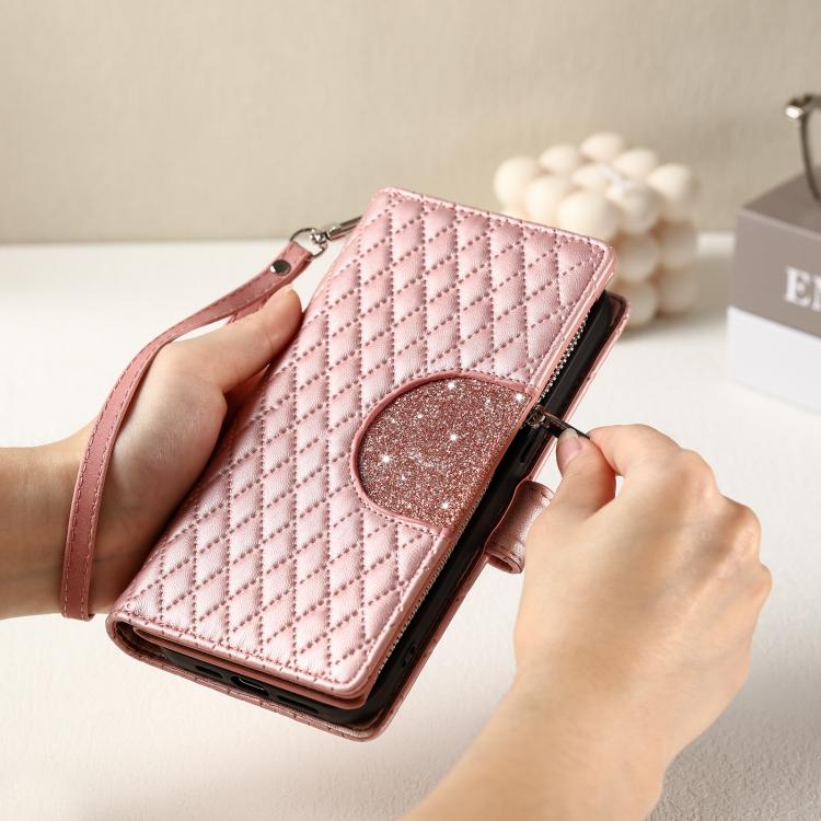 For iPhone 16e Glitter Lattice Zipper Wallet Leather Phone Case(Rose Gold) - iPhone 16e Cases by PMC TechLife | Online Shopping South Africa | PMC TechLife | Buy Now Pay Later Mobicred