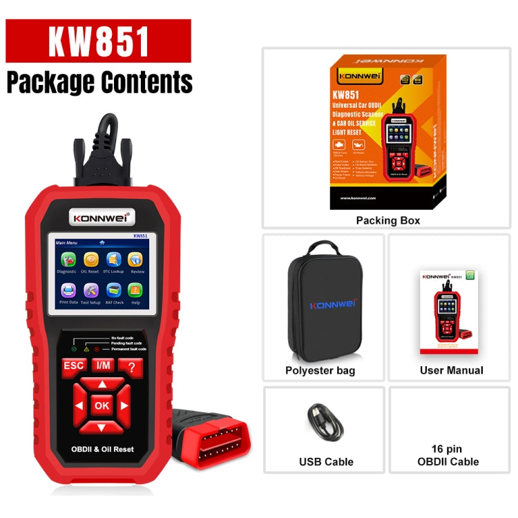 KONNWEI KW851 2 in 1 Car OBDll Scanner Diagnostic Tool Oil Service Light Reset(Black) - free shipping - PMC TechLife - Order now!