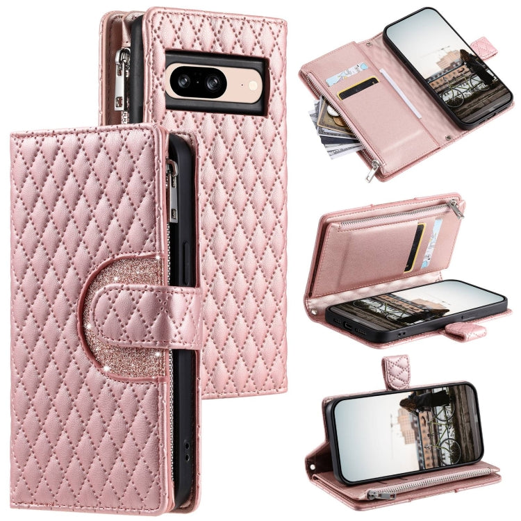 For Google Pixel 8 Glitter Lattice Zipper Wallet Leather Phone Case(Rose Gold) - Google Cases by PMC TechLife | Online Shopping South Africa | PMC TechLife | Buy Now Pay Later Mobicred