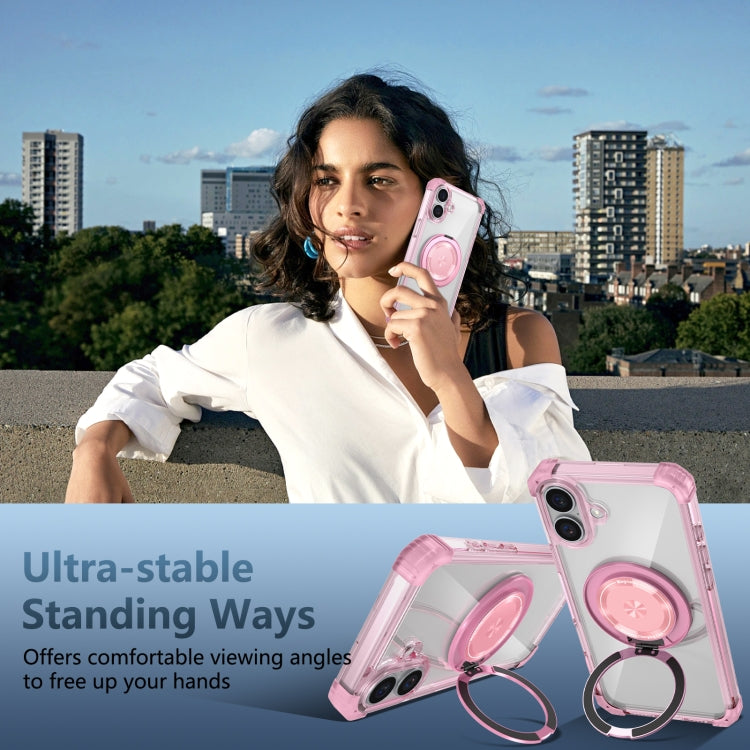 For iPhone 16 Gold Shield CD Pattern MagSafe Magnetic Phone Case with Rotating Stand(Transparent Pink) - iPhone 16 Cases by PMC TechLife | Online Shopping South Africa | PMC TechLife | Buy Now Pay Later Mobicred