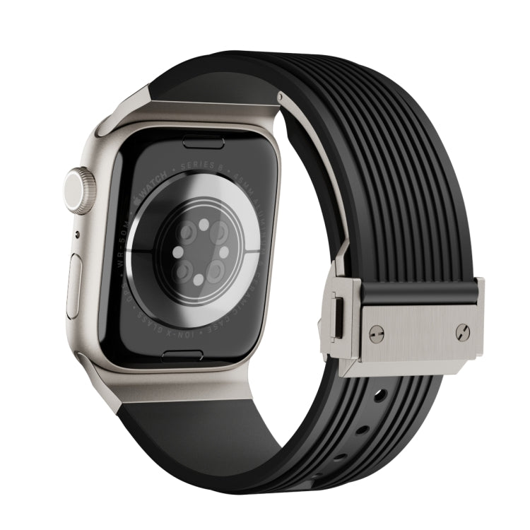For Apple Watch Series 9 45mm Vertical Texture Titanium Buckle Elastic Silicone Watch Band(Black) - Watch Bands by PMC TechLife | Online Shopping South Africa | PMC TechLife | Buy Now Pay Later Mobicred