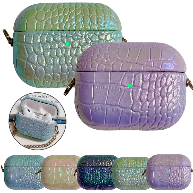 For AirPods Pro Colorful Crocodile Pattern PC Earphone Case with Anti-lost Metal Long Chain(Light Blue) - For AirPods Pro by PMC Jewellery | Online Shopping South Africa | PMC Jewellery | Buy Now Pay Later Mobicred