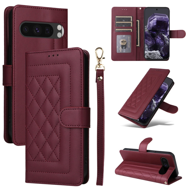 For Google Pixel 9 Diamond Lattice Leather Flip Phone Case(Wine Red) - Google Cases by PMC TechLife | Online Shopping South Africa | PMC TechLife | Buy Now Pay Later Mobicred