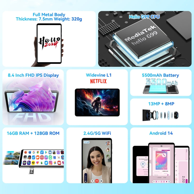 HEADWOLF Fpad5 4G LTE Tablet PC, 8GB+128GB, 8.4 inch Android 14 MT6789 Octa Core Support Dual SIM, Global Version with Google Play(Black) - free shipping - PMC TechLife - Order now!