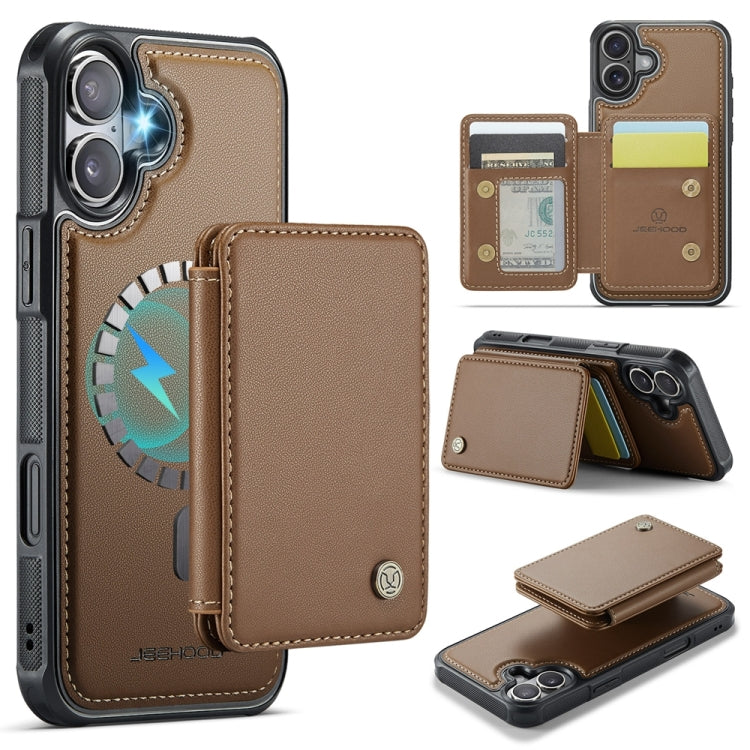 For iPhone 16 Plus JEEHOOD J05 Business Magnetic Style RFID Leather Phone Case(Brown) - free shipping - PMC Jewellery - Order now!