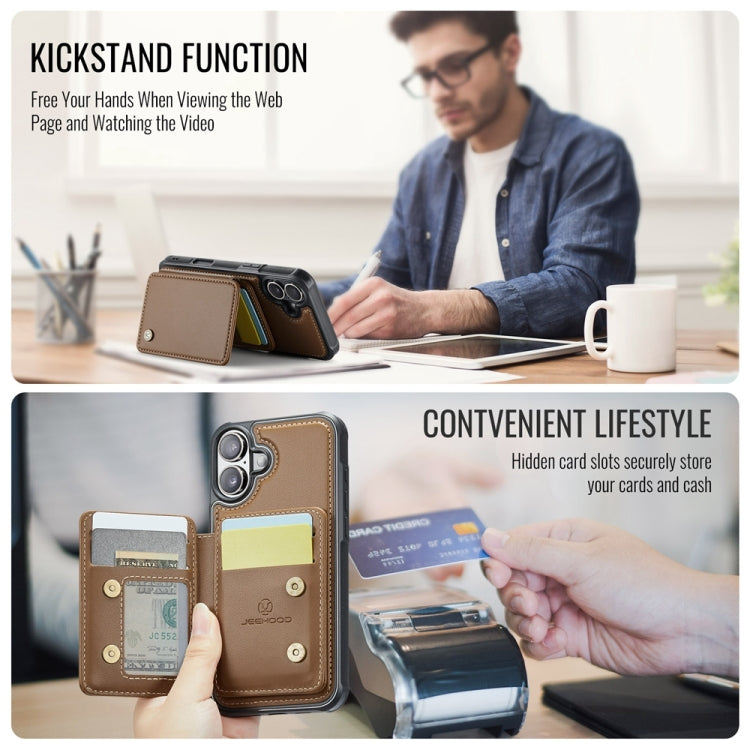 For iPhone 16 Plus JEEHOOD J05 Business Magnetic Style RFID Leather Phone Case(Brown) - free shipping - PMC Jewellery - Order now!