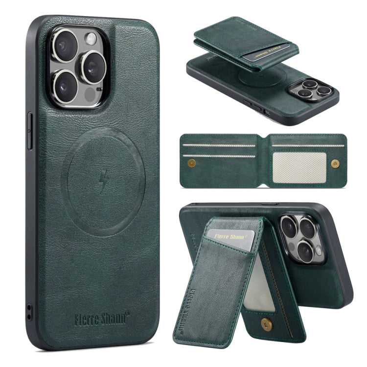 For iPhone 15 Pro Max Fierre Shann Cowhide Vertical Flip Magnetic Card Holder Phone Case(Green) - iPhone 15 Pro Max Cases by FIERRE SHANN | Online Shopping South Africa | PMC Jewellery | Buy Now Pay Later Mobicred