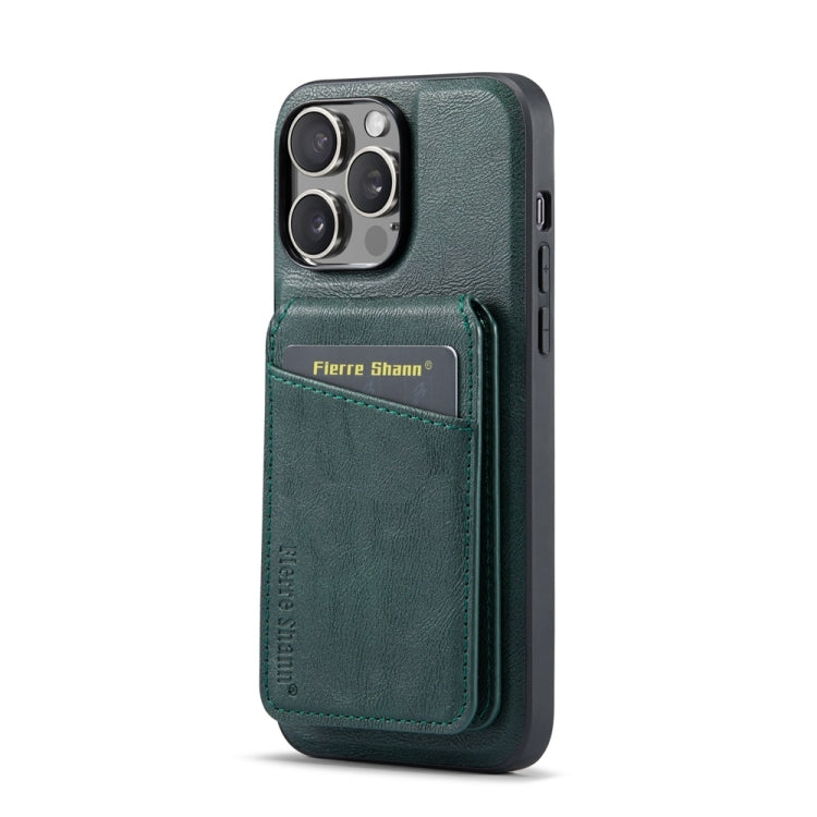 For iPhone 15 Pro Max Fierre Shann Cowhide Vertical Flip Magnetic Card Holder Phone Case(Green) - iPhone 15 Pro Max Cases by FIERRE SHANN | Online Shopping South Africa | PMC Jewellery | Buy Now Pay Later Mobicred
