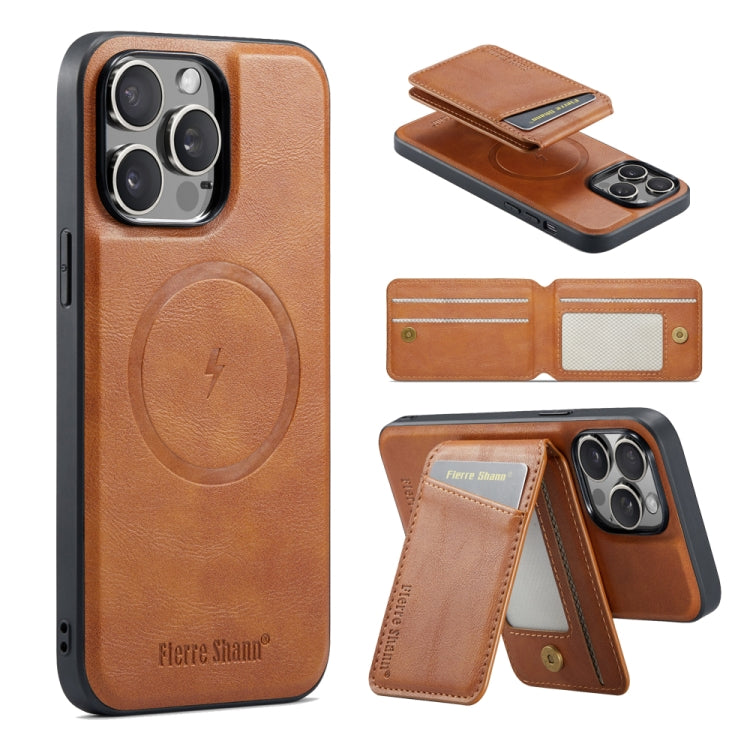 For iPhone 16 Pro Max Fierre Shann Cowhide Vertical Flip Magnetic Card Holder Phone Case(Brown) - iPhone 16 Pro Max Cases by FIERRE SHANN | Online Shopping South Africa | PMC Jewellery | Buy Now Pay Later Mobicred
