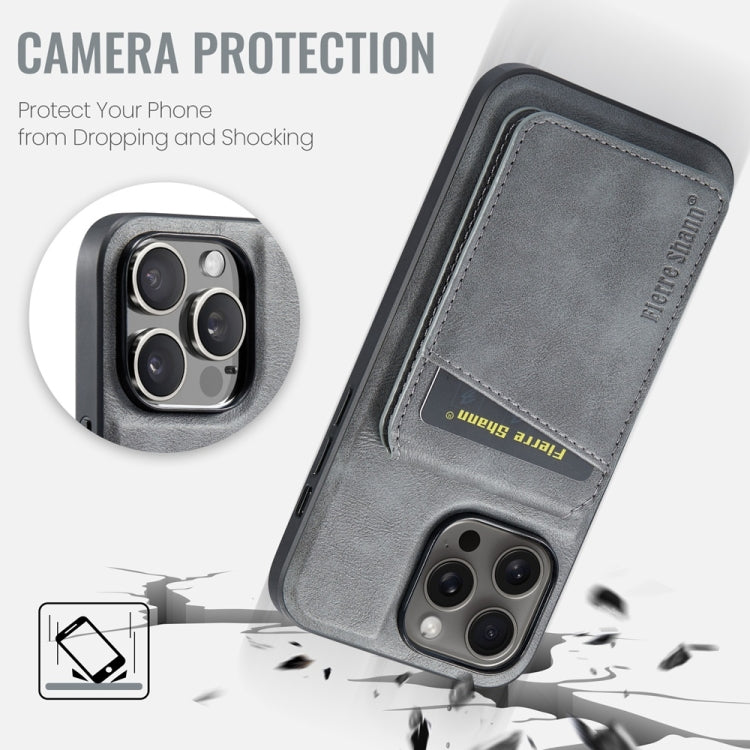 For iPhone 16 Pro Max Fierre Shann Cowhide Vertical Flip Magnetic Card Holder Phone Case(Grey) - free shipping - PMC Jewellery - Order now!