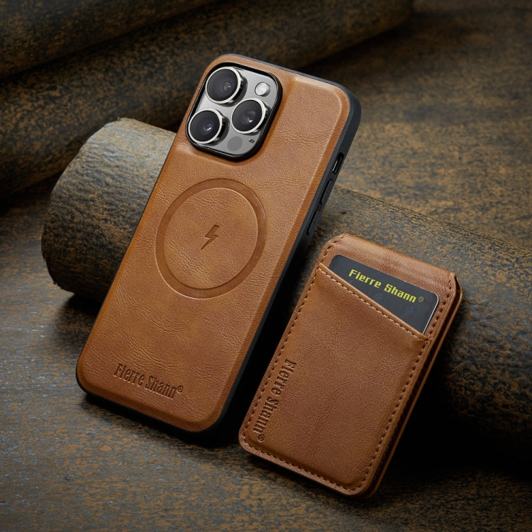 For iPhone 16 Pro Fierre Shann Cowhide Vertical Flip Magnetic Card Holder Phone Case(Brown) - free shipping - PMC Jewellery - Order now!