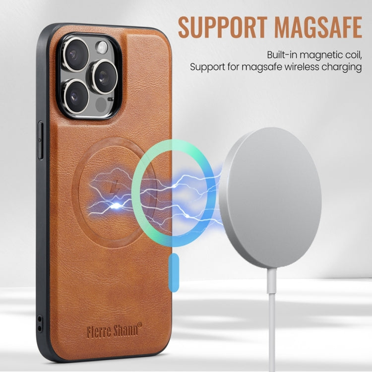 For iPhone 16 Pro Fierre Shann Cowhide Vertical Flip Magnetic Card Holder Phone Case(Brown) - free shipping - PMC Jewellery - Order now!
