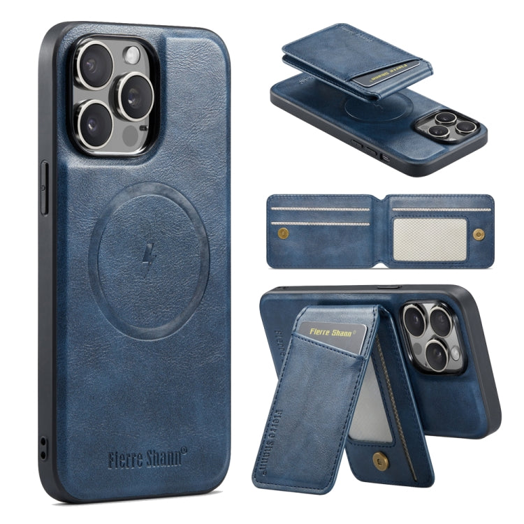 For iPhone 16 Pro Fierre Shann Cowhide Vertical Flip Magnetic Card Holder Phone Case(Blue) - free shipping - PMC Jewellery - Order now!