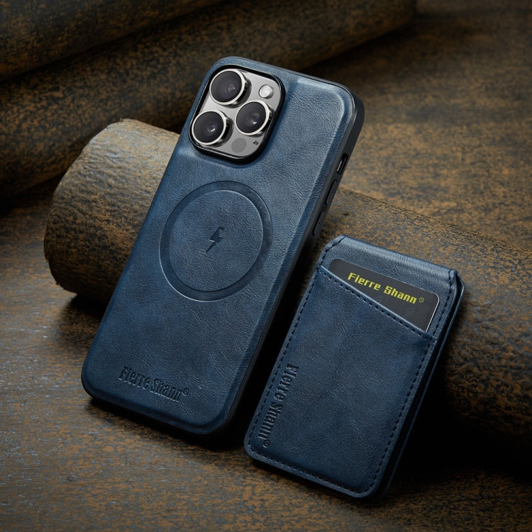 For iPhone 16 Pro Fierre Shann Cowhide Vertical Flip Magnetic Card Holder Phone Case(Blue) - free shipping - PMC Jewellery - Order now!