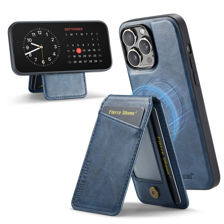 For iPhone 16 Pro Fierre Shann Cowhide Vertical Flip Magnetic Card Holder Phone Case(Blue) - free shipping - PMC Jewellery - Order now!