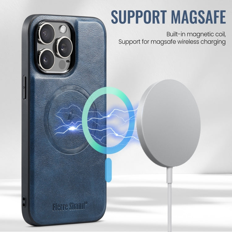 For iPhone 16 Pro Fierre Shann Cowhide Vertical Flip Magnetic Card Holder Phone Case(Blue) - free shipping - PMC Jewellery - Order now!