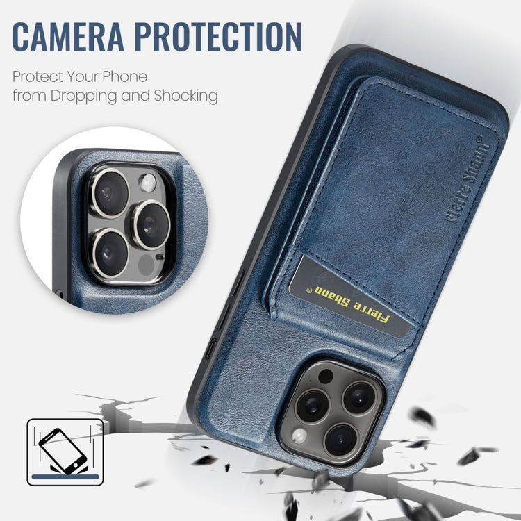 For iPhone 16 Pro Fierre Shann Cowhide Vertical Flip Magnetic Card Holder Phone Case(Blue) - free shipping - PMC Jewellery - Order now!