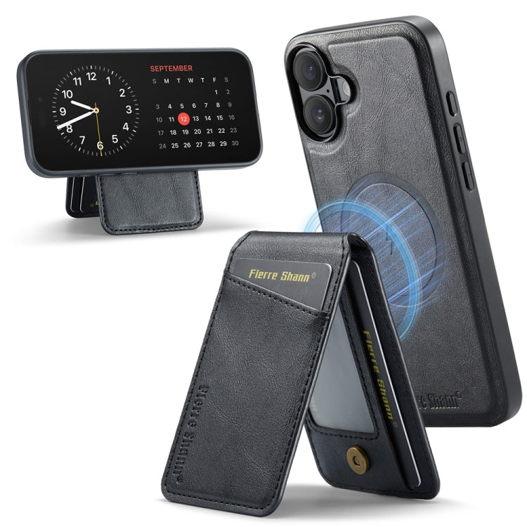 For iPhone 16 Plus Fierre Shann Cowhide Vertical Flip Magnetic Card Holder Phone Case(Black) - free shipping - PMC Jewellery - Order now!