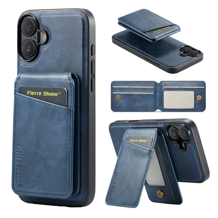 For iPhone 16 Plus Fierre Shann Cowhide Vertical Flip Magnetic Card Holder Phone Case(Blue) - free shipping - PMC Jewellery - Order now!