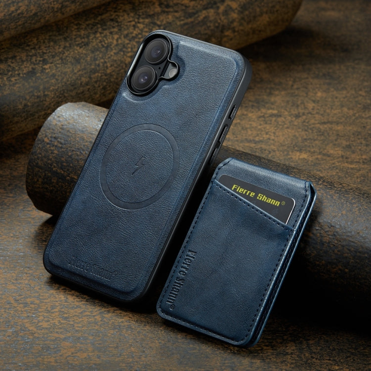 For iPhone 16 Plus Fierre Shann Cowhide Vertical Flip Magnetic Card Holder Phone Case(Blue) - free shipping - PMC Jewellery - Order now!