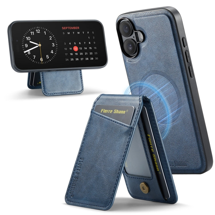 For iPhone 16 Plus Fierre Shann Cowhide Vertical Flip Magnetic Card Holder Phone Case(Blue) - free shipping - PMC Jewellery - Order now!