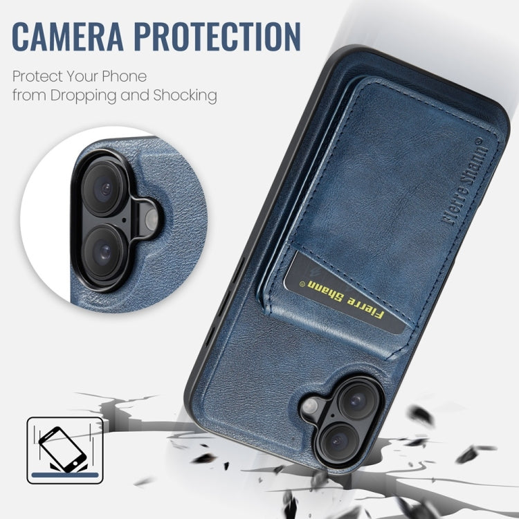For iPhone 16 Plus Fierre Shann Cowhide Vertical Flip Magnetic Card Holder Phone Case(Blue) - free shipping - PMC Jewellery - Order now!