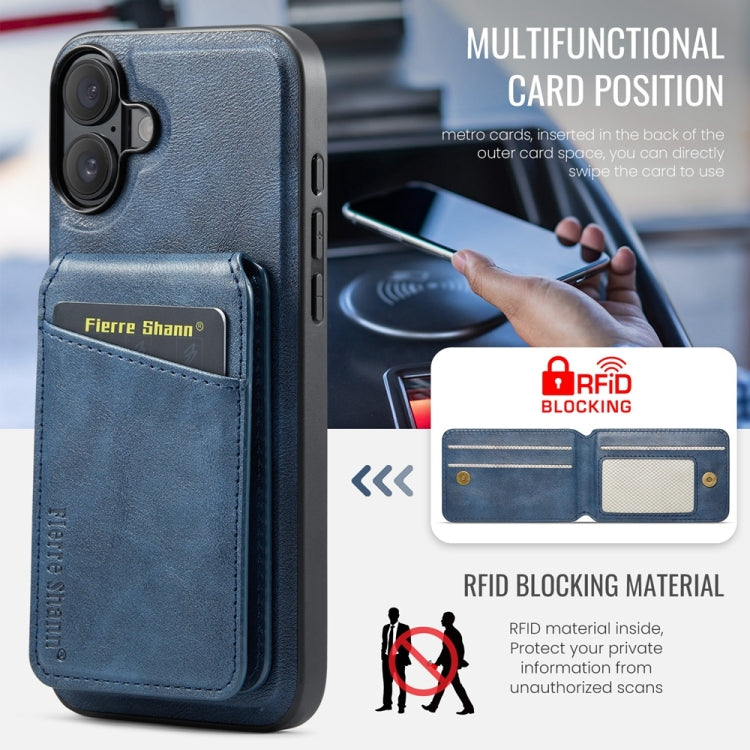 For iPhone 16 Plus Fierre Shann Cowhide Vertical Flip Magnetic Card Holder Phone Case(Blue) - free shipping - PMC Jewellery - Order now!