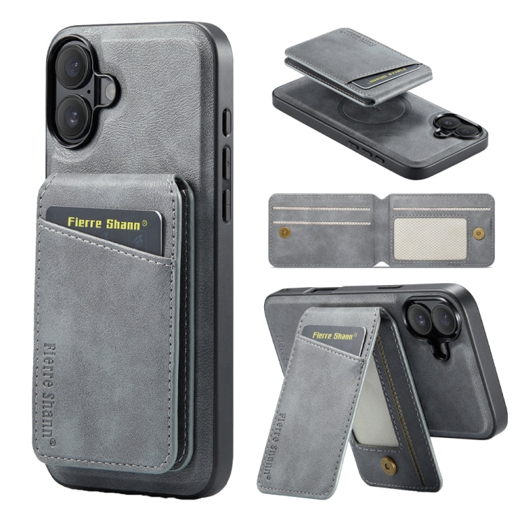 For iPhone 16 Plus Fierre Shann Cowhide Vertical Flip Magnetic Card Holder Phone Case(Grey) - free shipping - PMC Jewellery - Order now!