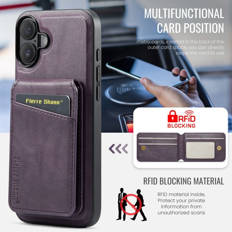 For iPhone 16 Plus Fierre Shann Cowhide Vertical Flip Magnetic Card Holder Phone Case(Purple) - free shipping - PMC Jewellery - Order now!