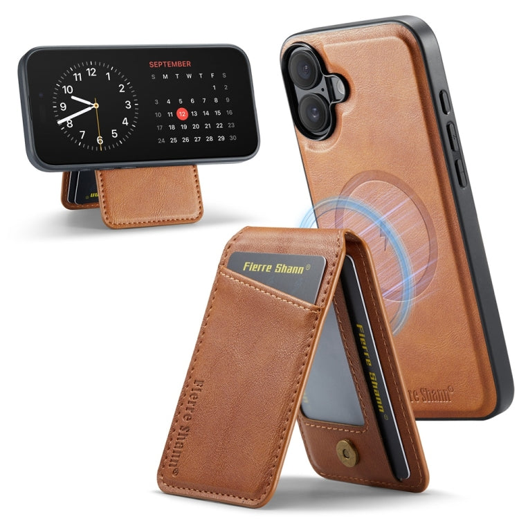 For iPhone 16 Fierre Shann Cowhide Vertical Flip Magnetic Card Holder Phone Case(Brown) - free shipping - PMC Jewellery - Order now!