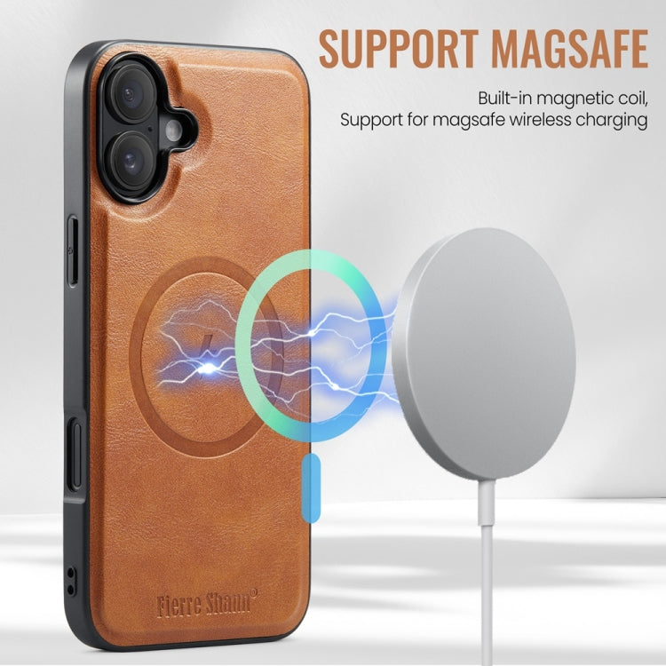 For iPhone 16 Fierre Shann Cowhide Vertical Flip Magnetic Card Holder Phone Case(Brown) - free shipping - PMC Jewellery - Order now!