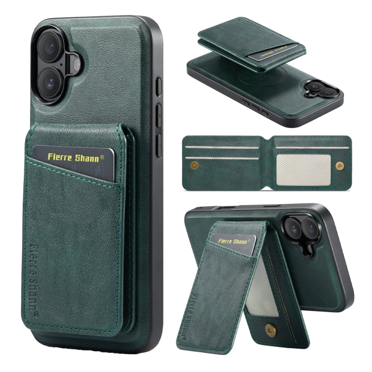 For iPhone 16 Fierre Shann Cowhide Vertical Flip Magnetic Card Holder Phone Case(Green) - iPhone 16 Cases by FIERRE SHANN | Online Shopping South Africa | PMC Jewellery | Buy Now Pay Later Mobicred