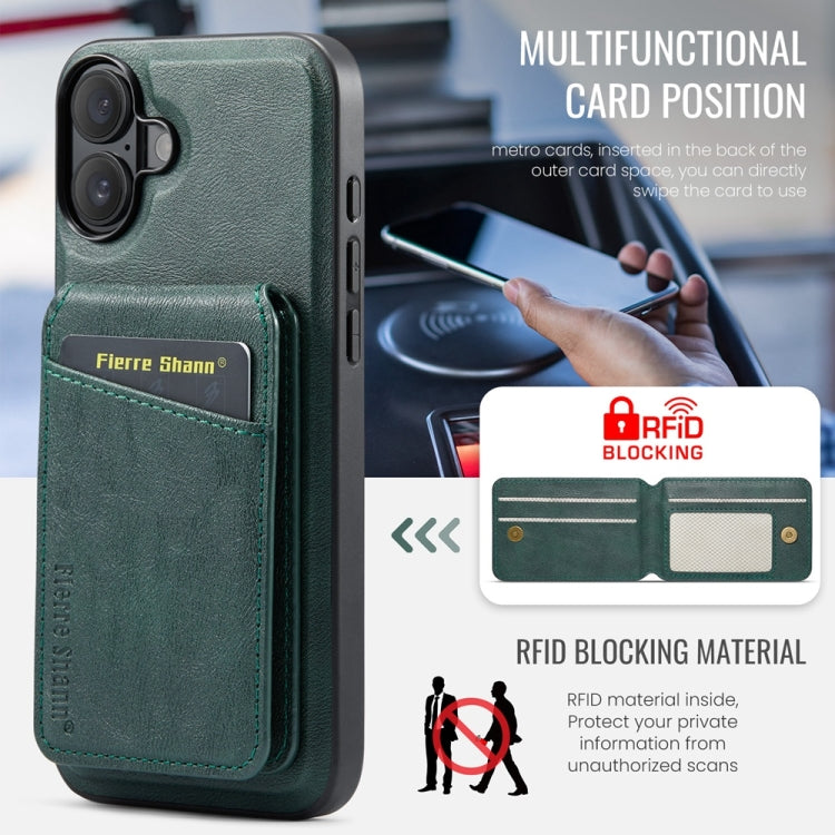 For iPhone 16 Fierre Shann Cowhide Vertical Flip Magnetic Card Holder Phone Case(Green) - iPhone 16 Cases by FIERRE SHANN | Online Shopping South Africa | PMC Jewellery | Buy Now Pay Later Mobicred