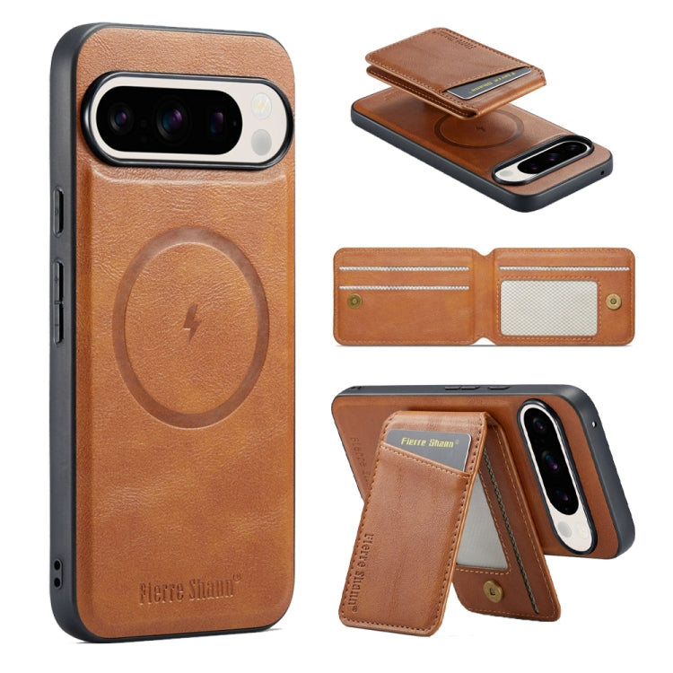 For Google Pixel 9 Fierre Shann Cowhide Vertical Flip Magnetic Card Holder Phone Case(Brown) - Google Cases by FIERRE SHANN | Online Shopping South Africa | PMC TechLife | Buy Now Pay Later Mobicred
