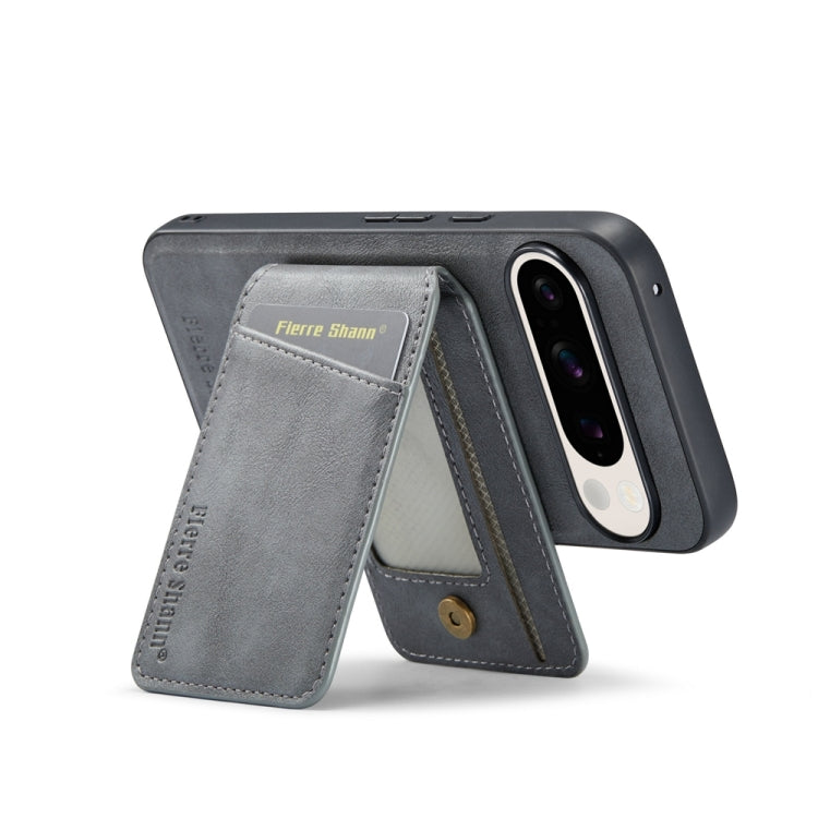 For Google Pixel 9 Fierre Shann Cowhide Vertical Flip Magnetic Card Holder Phone Case(Grey) - Google Cases by FIERRE SHANN | Online Shopping South Africa | PMC TechLife | Buy Now Pay Later Mobicred