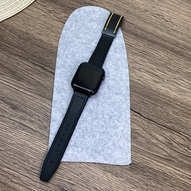 For Apple Watch SE 2023 44mm Trapezoid Fold Magnetic Buckle Silicone PU Watch Band(Black Gold) - free shipping - PMC TechLife - Order now!
