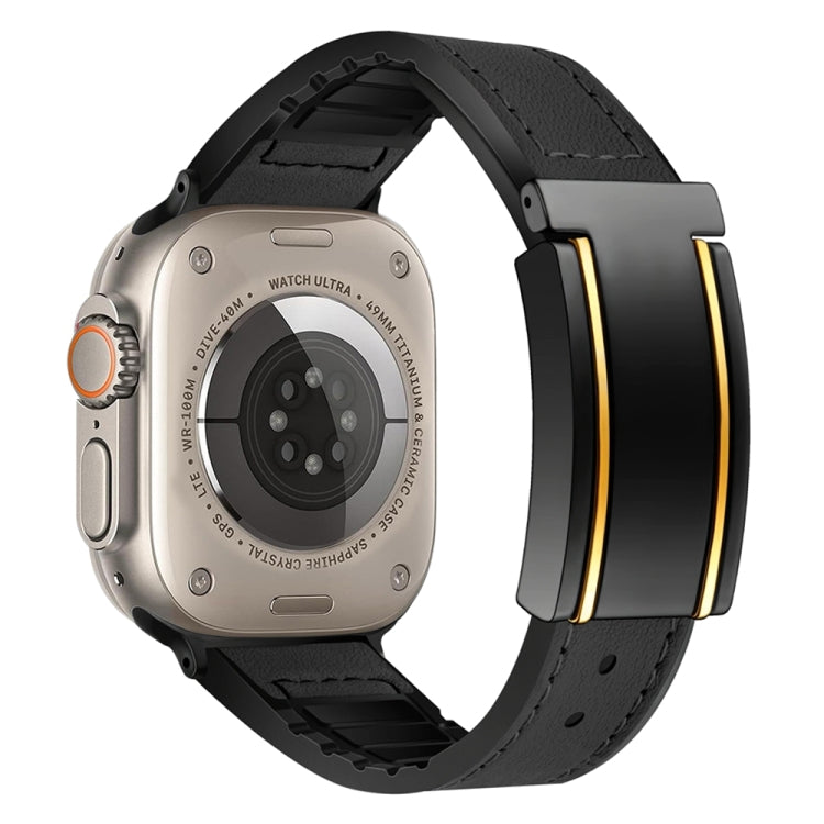 For Apple Watch Ultra 49mm Trapezoid Fold Magnetic Buckle Silicone PU Watch Band(Black Gold) - free shipping - PMC TechLife - Order now!
