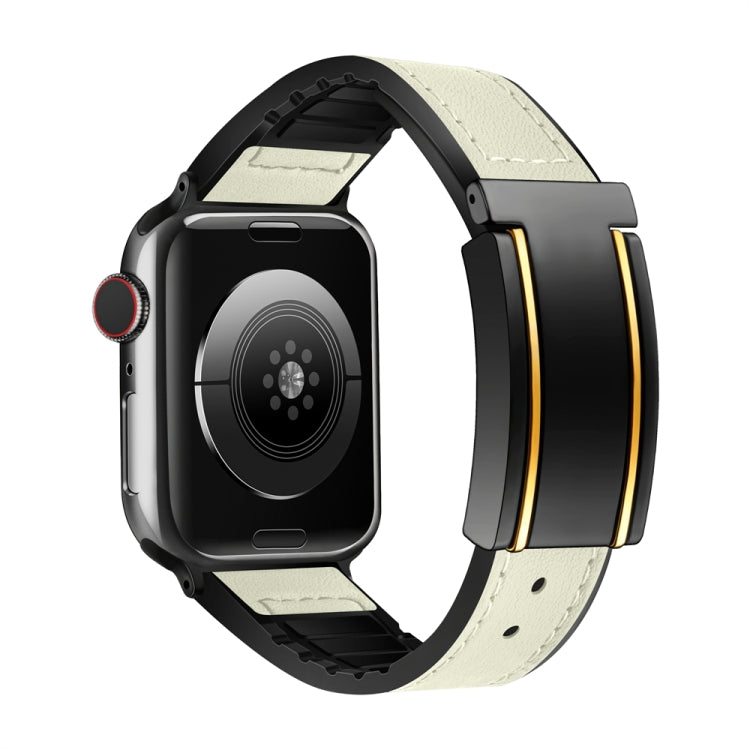 For Apple Watch Series 7 41mm Trapezoid Fold Magnetic Buckle Silicone PU Watch Band(Beige Gold) - free shipping - PMC TechLife - Order now!