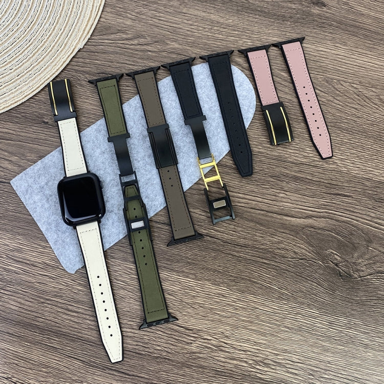 For Apple Watch Series 7 41mm Trapezoid Fold Magnetic Buckle Silicone PU Watch Band(Black Gold) - free shipping - PMC TechLife - Order now!