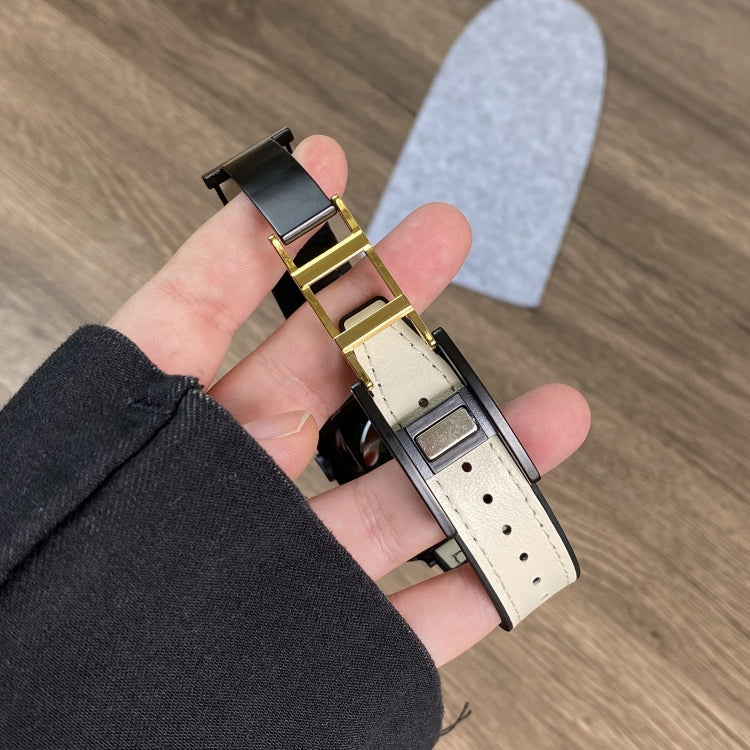 For Apple Watch 38mm Trapezoid Fold Magnetic Buckle Silicone PU Watch Band(Beige Gold) - free shipping - PMC TechLife - Order now!
